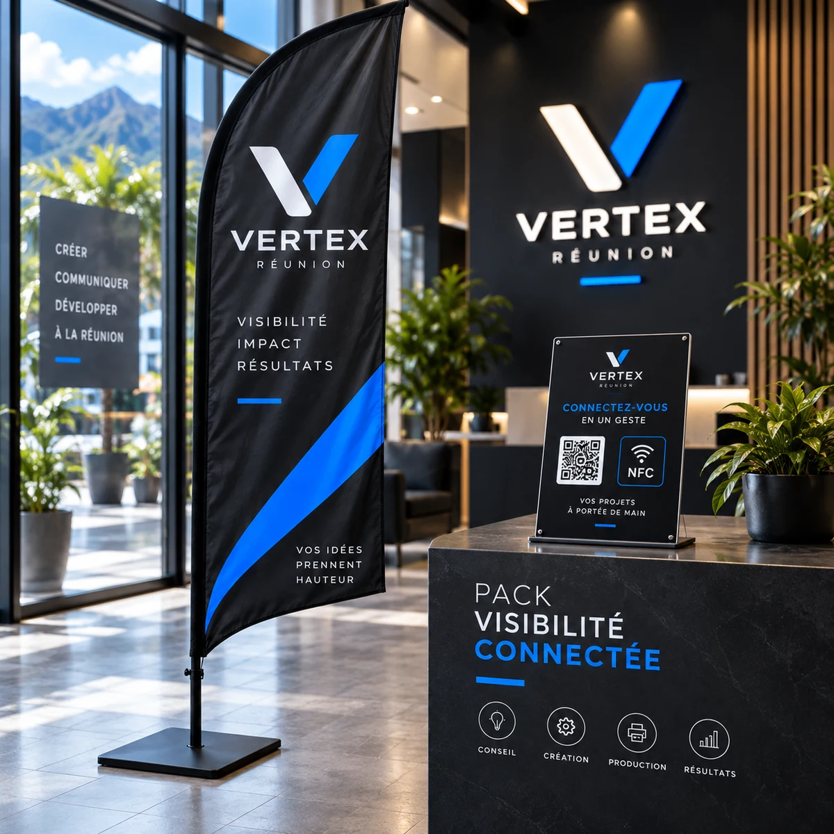Pack Visibilité Connectée VERTEX : wingflag personnalisable et totem QR Code NFC dans un accueil professionnel
