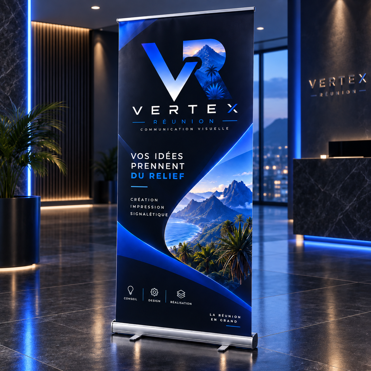 Roll-up personnalisable VERTEX dans un hall d'accueil professionnel à La Réunion