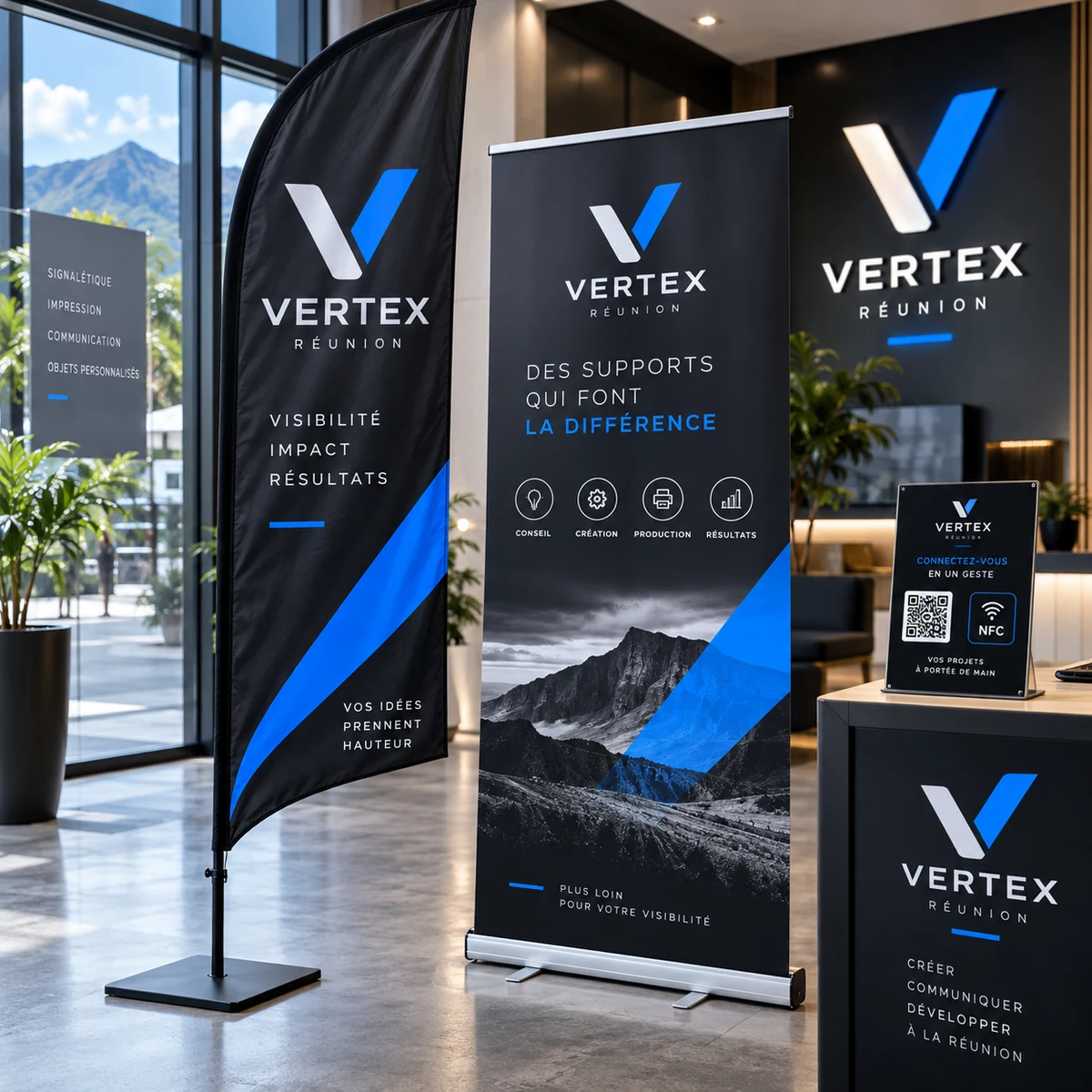 Pack Visibilité 360 VERTEX : wingflag, roll-up et totem QR Code NFC personnalisables