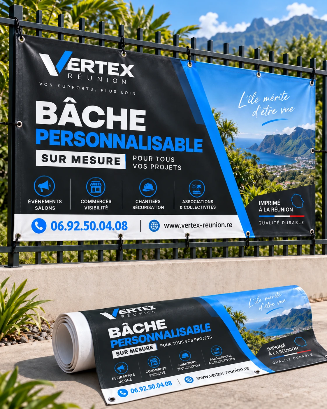 Bâche personnalisable sur mesure VERTEX Réunion imprimée à La Réunion