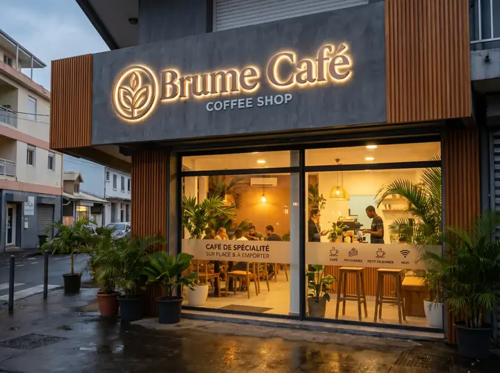 Visuel conceptuel d’enseigne lumineuse posée en façade d’un commerce à La Réunion — VERTEX