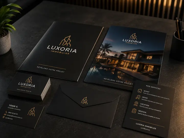 Visuel conceptuel de supports print professionnels (cartes de visite, flyers, brochures) à La Réunion — VERTEX